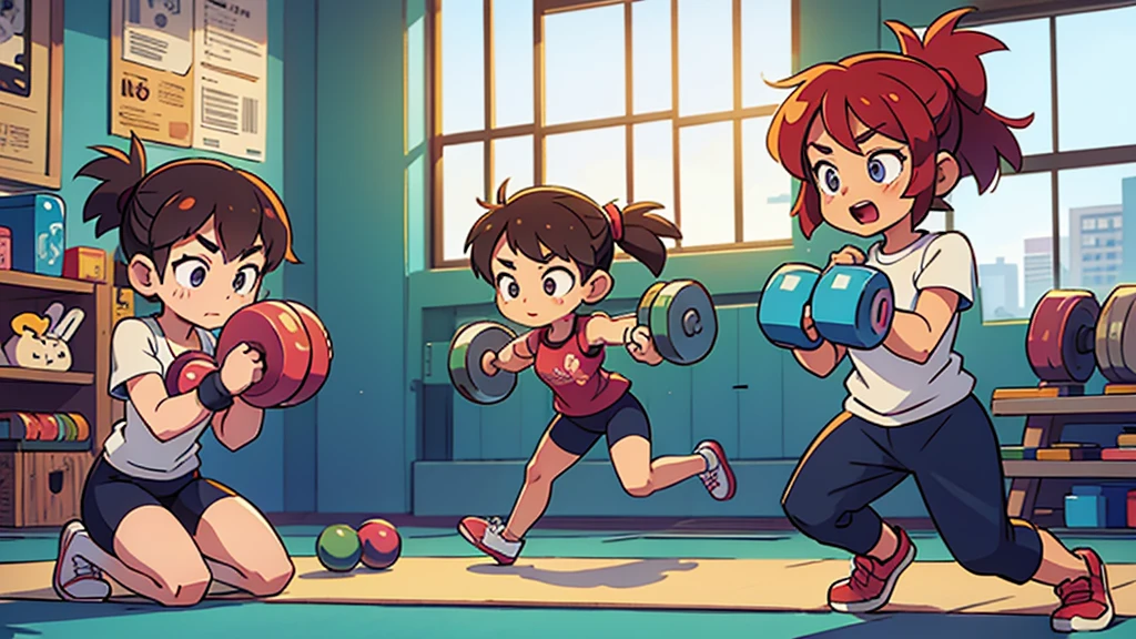Cartoon Style，Everyone in the company gym，Practice dumbbells