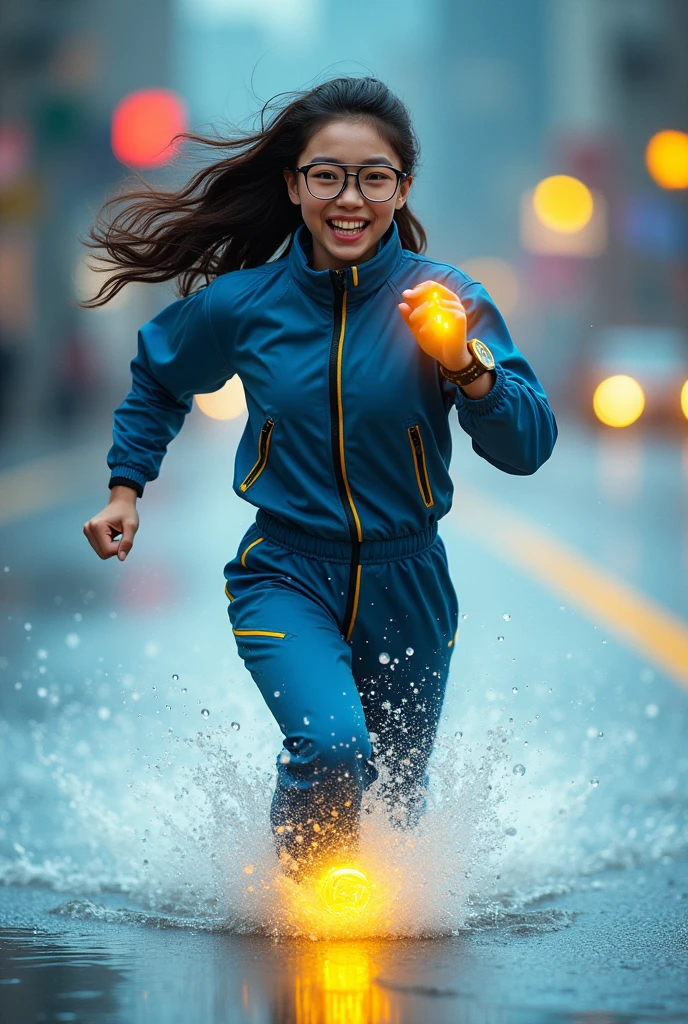 Chinese japan women average age 15 year old wear jumpasuit high tech(( blue yellow)). Running effect. Glowing yellow power. Runfast effect. Wear blue big glasses big frame.running speed of light. running athlete. Braces teeth. Bokeh background. Panning effect. Yellow high tech watch. a beautiful young chinese women, , wearing a high-tech blue and yellow loose jumpsuit,run on water, floating water bubble, photorealistic, detailed facial features, long hair, elegant pose, dynamic lighting, 8k, award-winning digital art, intricate details, vibrant colors, cinematic composition. very fasr run, highly detailed. light trail effect. speed of light. froze time effect. at the city.run water. spash water. the girl run fast floating on water running on water surface. 
