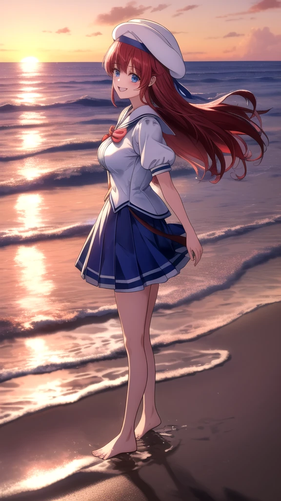 kotorishirakawa, ((masterpiece, best quality, highres, distinct_image)),
extremely beautiful and delicate, extremely detailed, intricate detail, 1girl, 独奏, short stack, huge breasts, red hair, long hair, straight hair, Blue eyes, BREAK skirt, hat, school uniform, short sleeves, puffy sleeves, puffy short sleeves, beret, Cute Smile Open your mouth, Are standing, (She walked along the beach in the sunset, her bare feet touching the water, the closest she came to seeing that smile:1.1), barefoot, Two Arms, (cinematic angle:1.1),