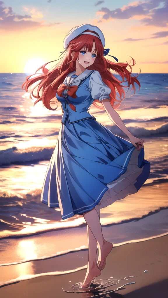 kotorishirakawa, ((masterpiece, best quality, highres, distinct_image)), 
extremely beautiful and delicate, extremely detailed, intricate detail, 1girl, 独奏, short stack, huge breasts, red hair, long hair, straight hair, Blue eyes, BREAK skirt, hat, school uniform, short sleeves, puffy sleeves, puffy short sleeves, beret, Cute Smile Open your mouth, Are standing, (She walked along the beach in the sunset, her bare feet touching the water, the closest she came to seeing that smile:1.1), barefoot, Two Arms, (cinematic angle:1.1),