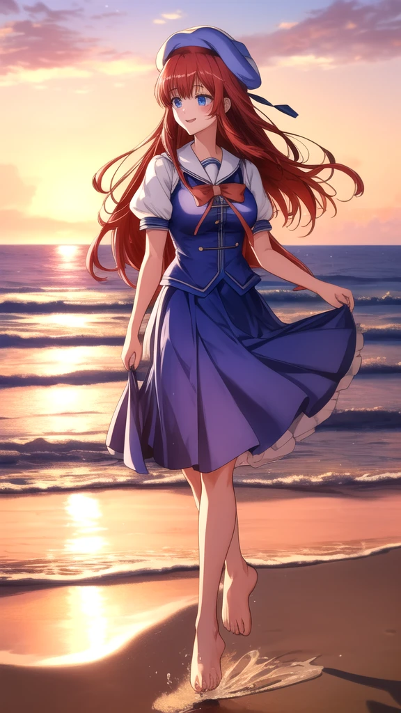 orishirakawa, ((masterpiece, best quality, highres, distinct_image)),
extremely beautiful and delicate, extremely detailed, intricate detail, 1girl, 独奏, short stack, huge breed hair, long hair, straight hair, Blue eyes, BREAK skirt, hat, school uniform, short sleeves, puffy slee puffy short sls, beret, Cute Smile Open your mouth, Are standing, (She walked along the beach in the sunset, her bare feet touching the water, the closest she came to seeing that smile:1.1), barefoot, Two Arms, (cinematic angle:1.1),