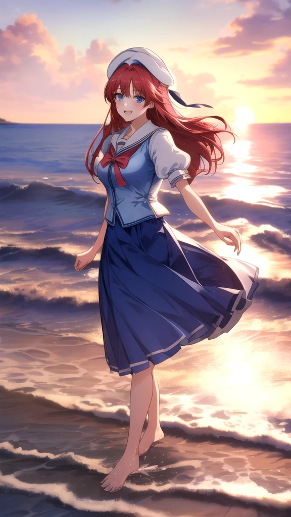 kotorishirakawa, ((masterpiece, best quality, highres, distinct_image)),
extremely beautiful and delicate, extremely detailed, intricate detail, 1girl, 独奏, short stack, huge breasts, red hair, long hair, straight hair, Blue eyes, BREAK skirt, hat, school uniform, short sleeves, puffy sleeves, puffy short sleeves, beret, Cute Smile Open your mouth, Are standing, (She walked along the beach in the sunset, her bare feet touching the water, the closest she came to seeing that smile:1.1), barefoot, Two Arms, (cinematic angle:1.1),