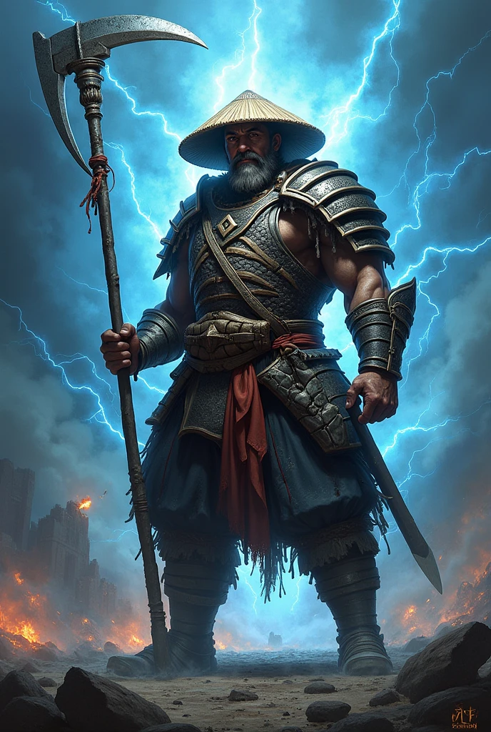 "Créez une image réaliste et intense comme une photo d'un guerrier nommé FarmMasteR,avec un chapeau de paille. Le guerrier doit tenir une grande faux, représentant son expérience agricole. Le personnage doit être vêtu d'une armure médiévale de samouraï, il est en grande forme physique, avec une présence unique et effrayante. Des éclair tournent autour de lui comme une aura. L'arrière-plan doit représenter un monde psionique avec des tons bleus, rempli d'éclair, de fumée et de destruction pour renforcer l'atmosphère intense. être dramatique, en soulignant l'apparence puissante et unique de FarmMasteR. Le nom « FarmMasteR » doit être affiché dans le fond de l'image dans une police ressemblante à celle de l'image fourni