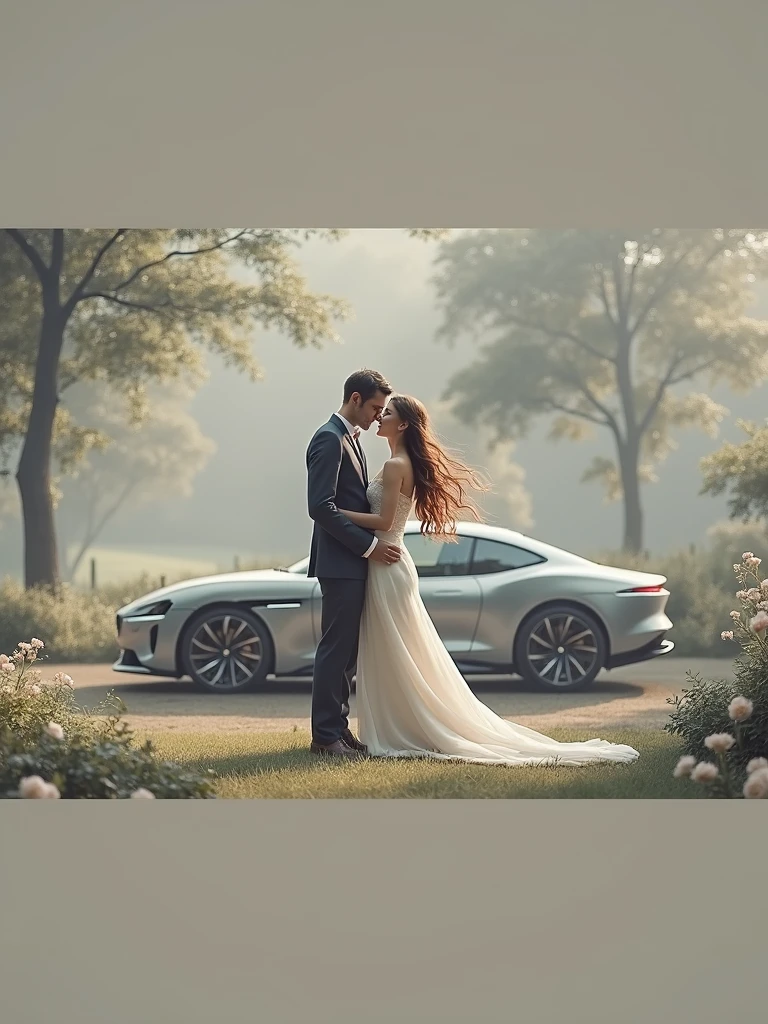 Peugeot car. Bride and groom with Brown hair.