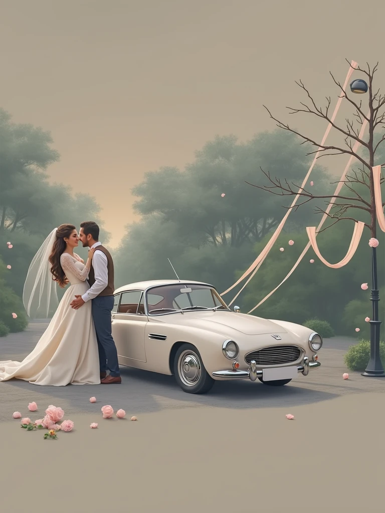 Peugeot car. Bride and groom with Brown hair.