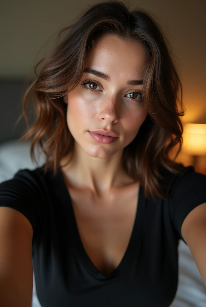 Realistic photography, ultra detailed d'une fille belle et sexy, selfie dans une chambre, porter un t-shirt ????, enjoy, Fille, summer, fille chaude, (((medium bust))), brown-hair, regarde la caméra, symmetrical face and front view, Photorealistic, Photo, Spectacular lighting,, splendid, vest, (head of'artwork), best quality, high resolution, extremely detailed, skin with pores, Blurred background, depth of field, Cinematic lighting