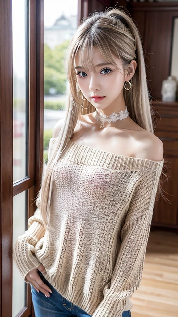 ((Virgin-killing sweater))Extraordinary sexy beauty、beautiful, calm and bright look、Sexy and refreshing look、完璧なbeautifulcute顔、Very bright, Bright Blue Eyes、Short Ponytail、Long bangs between the eyes、Long grey straight hair、beautiful facial hair、とてもcute、beautifully、Sexy young tiny woman、非常に完璧なbeautifulcute顔、beautiful clear cute eyes、Real女性、cute,((Small breasts))、(((Long white hair)))、(())、) And a very slim figure,,,,,、Very thin leganicules、Earrings、Pink Lip、choker、Real、Sexual、Highest quality、Detailed face、Detailed Background、Depth of written boundary、whole body viewing angle、Sexual、alone、night,Highest quality、High resolution、超High resolution(Real:1.4)Detailed eyes、Gradation、Perfect anatomical figure、Woman with perfect body、Highly detailed skin、非常にDetailed face、細部までbeautiful目、Background blur、