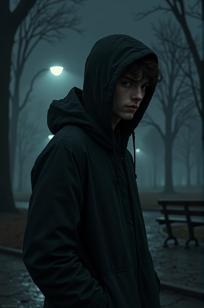 17 year old boy 1.60 tall, in a park at night, with a hood