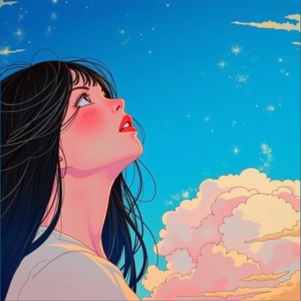 Adorable big boobs , excited, give , anime girl looking at the sky with clouds in the background, Lofi Girl, girl clouds, Lofi Stylestyle, Lofi Girl aesthetic, Lofi Style, just kidding, makoto shinkai cyril rolando, Conrad Roset and Makoto Shinkai, Rhads y Lois Van Baarle, The landscape of Ilya Kuvshinov