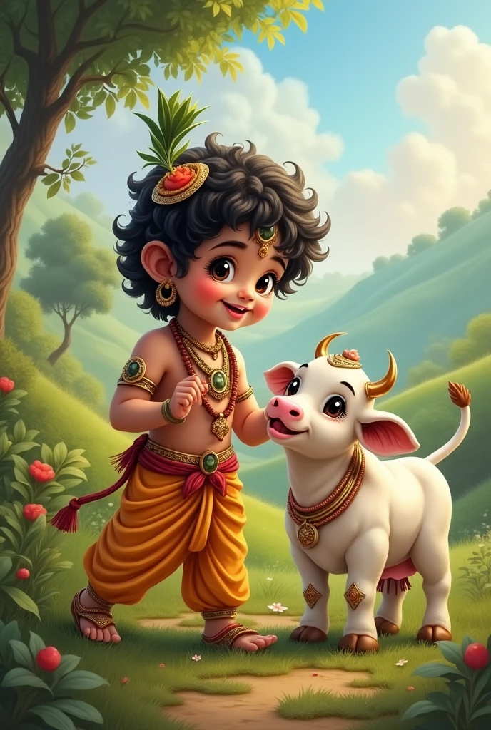 God Krishna age of cute boy smiling playing with a cow