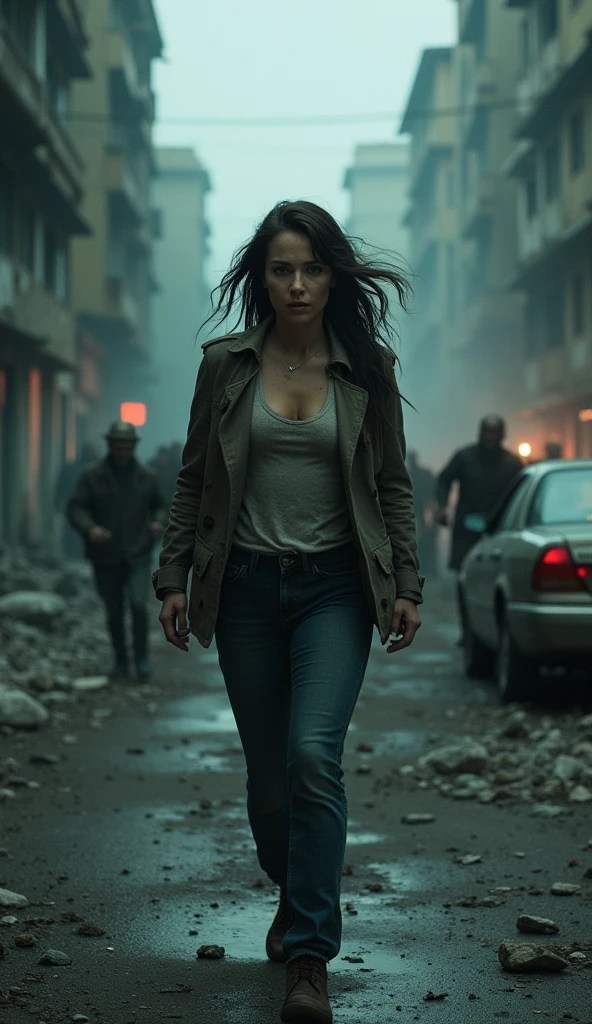 "A dramatic and intense movie cover or poster, featuring a woman fiercely fighting a horde of zombies. The woman is in the foreground, showing courage and determination through her facial expressions. She's dressed in tattered clothes and is running down a dark, desolate city street. Creepy and scary looking zombies are approaching her. The scene is dark and atmospheric, with a realistic and grim style. The book's title is prominently displayed at the top in a bold, old-fashioned font."