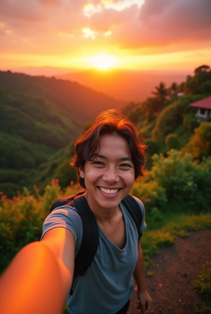 Selfie young and sunset in bali country indonesian. HD.