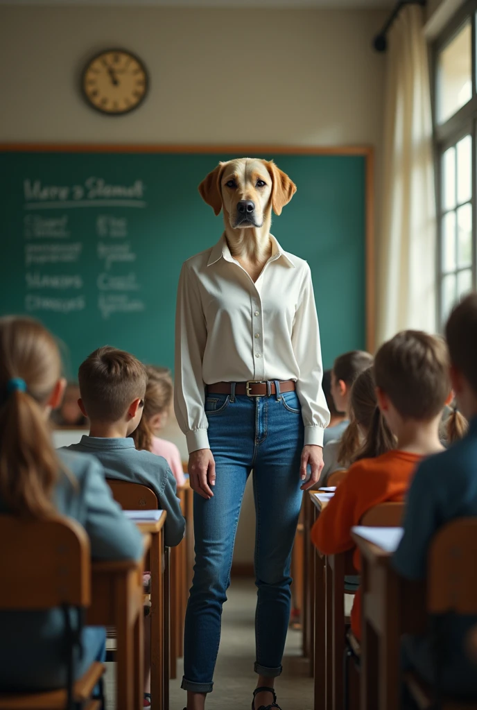 (raw photo, best quality) , (Realistic, photo-realistic: 1.4), extremely formidable general plan, masterpiece, ultra-detailed, high resolution, best illustration, best shadow, complex, depth of field, beautiful female anthropomorphic labrador who can walk on both hind legs, she’s wearing blue jeans, white blouse, she has a tail she’s in a classroom and she’s teaching to young children, Photorealist style 8k, DSLR, high quality, (film grain: 1.4), Fujifilm XT3,
