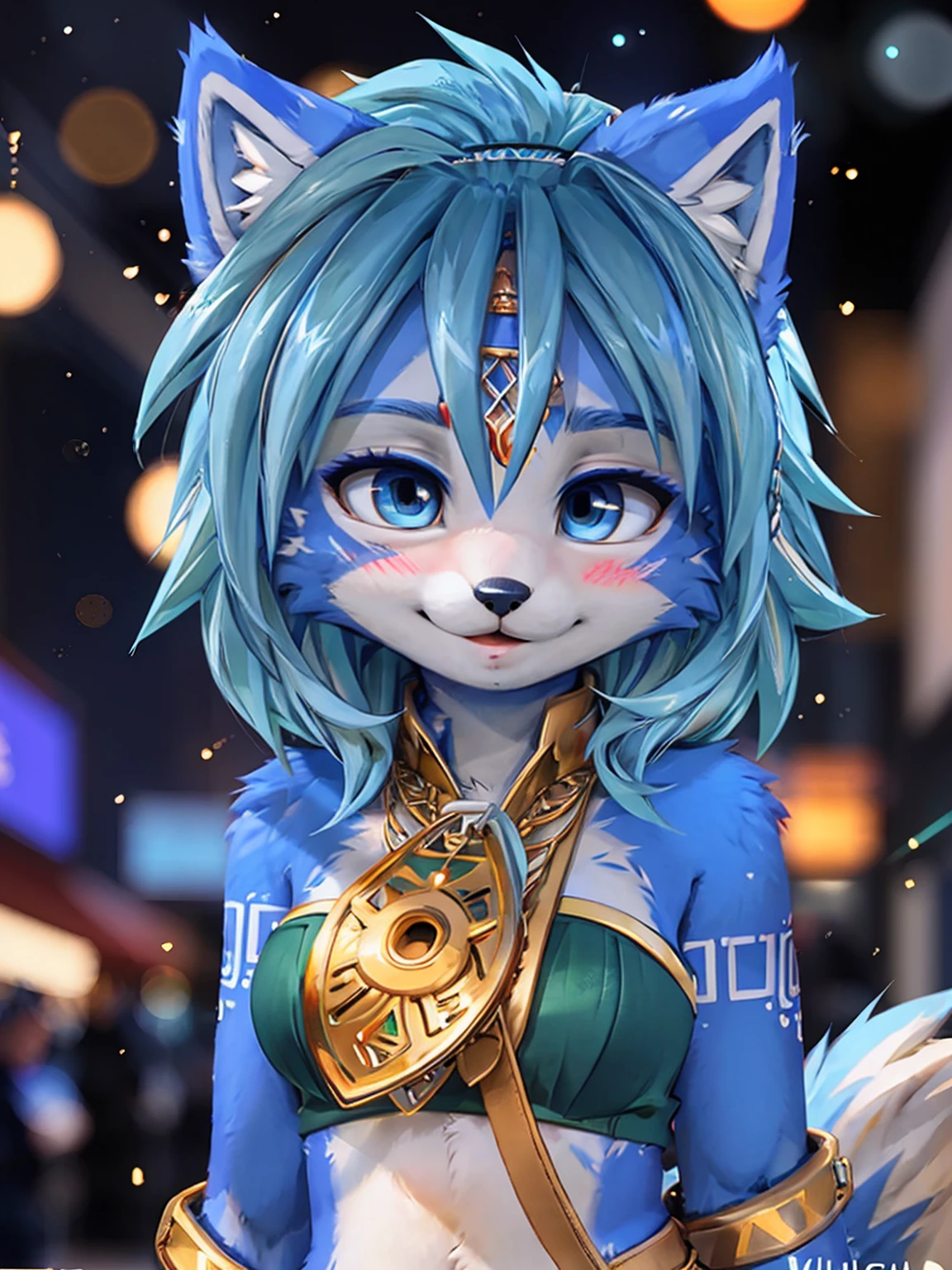 A beautiful and detailed (cute portrait) wa ((krystal)), Star Fox krystal, sslim, lovable, green eyes, medium breasts, (((Long blue hair 1.3))), Decollete, anthro, furry, Uploaded E621, detailed fluffy fur, (wa Fluff-Kevlar, Bayard Wu, Pino Daeni), detailed face, (fluffy), 1 girl, alone, sweet girl, centered, Award-winning photo, (Viewers look at:1.2), | smile, lucy_Heartfilia, | | blush, contrasted, bokeh, depth of field, Film composition,