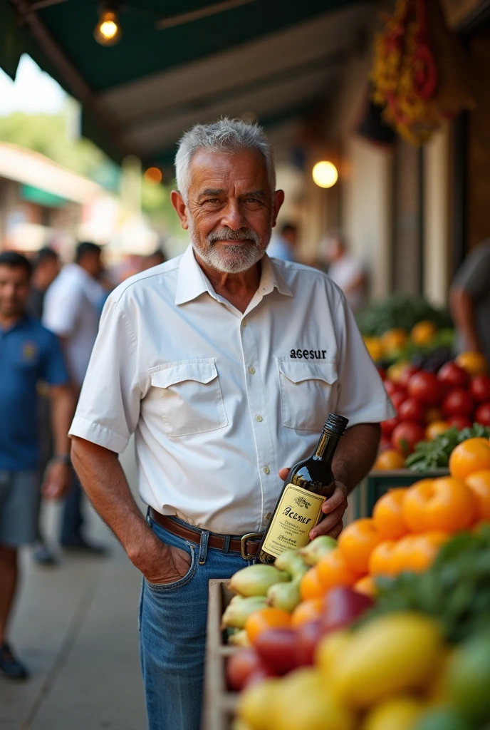 image of a man in a white shirt, buying olive oil at a street market in Brazil, On the shirt it says "Acesur", On the bottle it says "Extra Virgin".