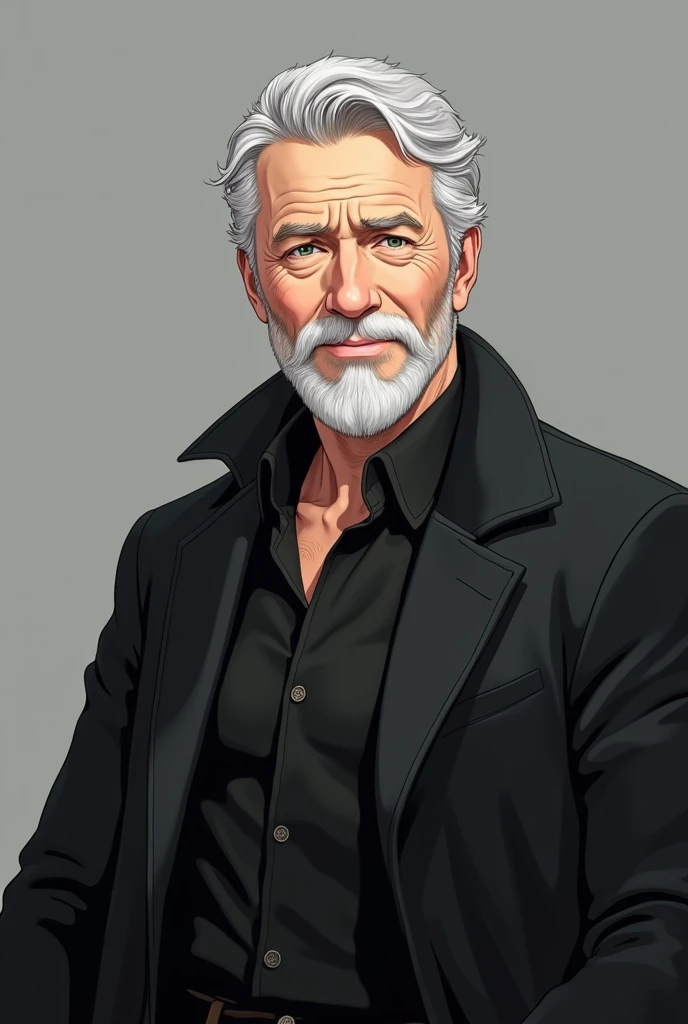 More mature anime style image. Gray image background. A man in his 50s, friendly look, a beard, short white hair and light green eyes. He wore a black dress blouse with the buttons open and on top of it a heavy black coat.