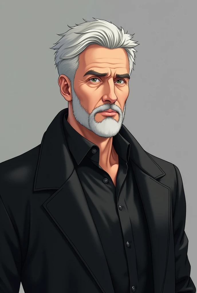 More mature anime style image. Gray image background. A man in his 50s, friendly look, a beard, short white hair and light green eyes. He wore a black dress blouse with the buttons open and on top of it a heavy black coat.