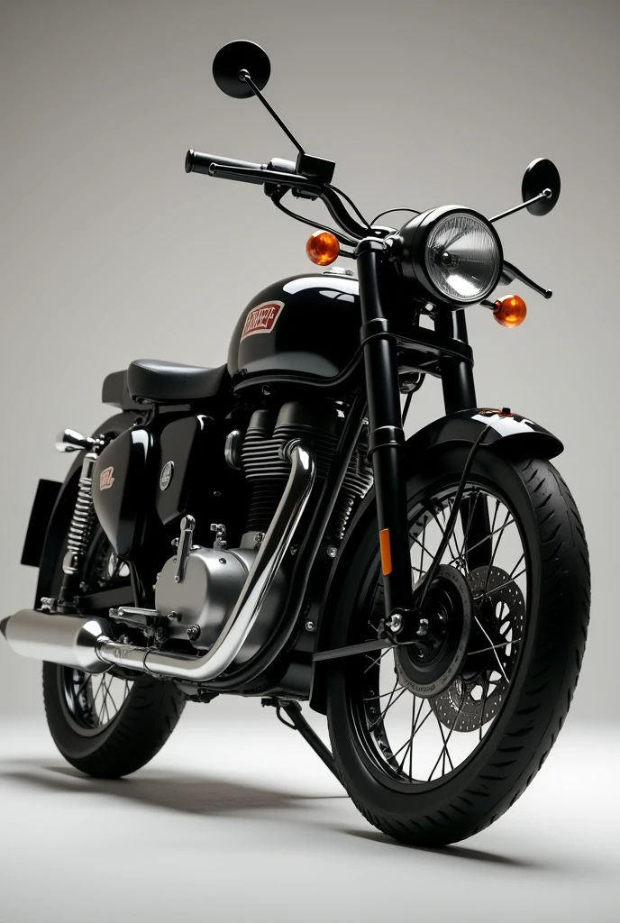 Royal Enfield standard full black colour
bike with Mercedes logo stickers at tank