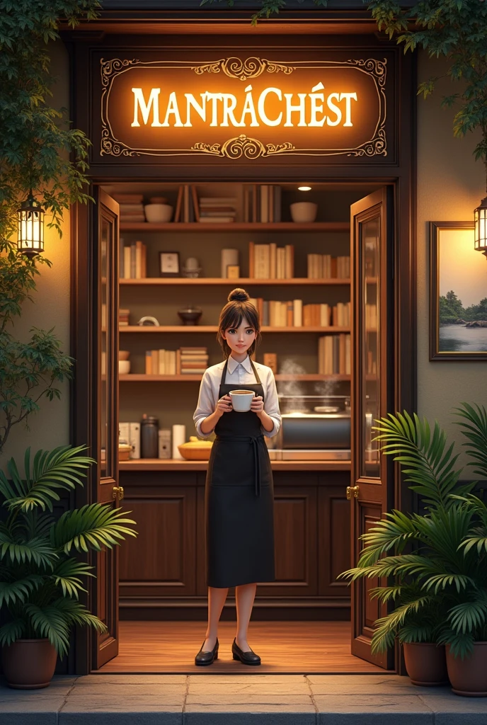 Realistic Cafe Entrance with Illuminated Mantra Chest Sign, with plants, books, paintings. At the entrance a female Barista with a cup of coffee in her hand and a smile on her face. He addresses the audience with enthusiasm.