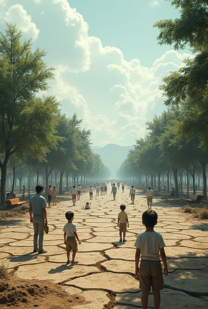 Creates a park that has no trees , flores , benches and animals due to the water shortage, which is why there are people around who are worried, such as adults and children. (A VERY UGLY PARK GENERATES)