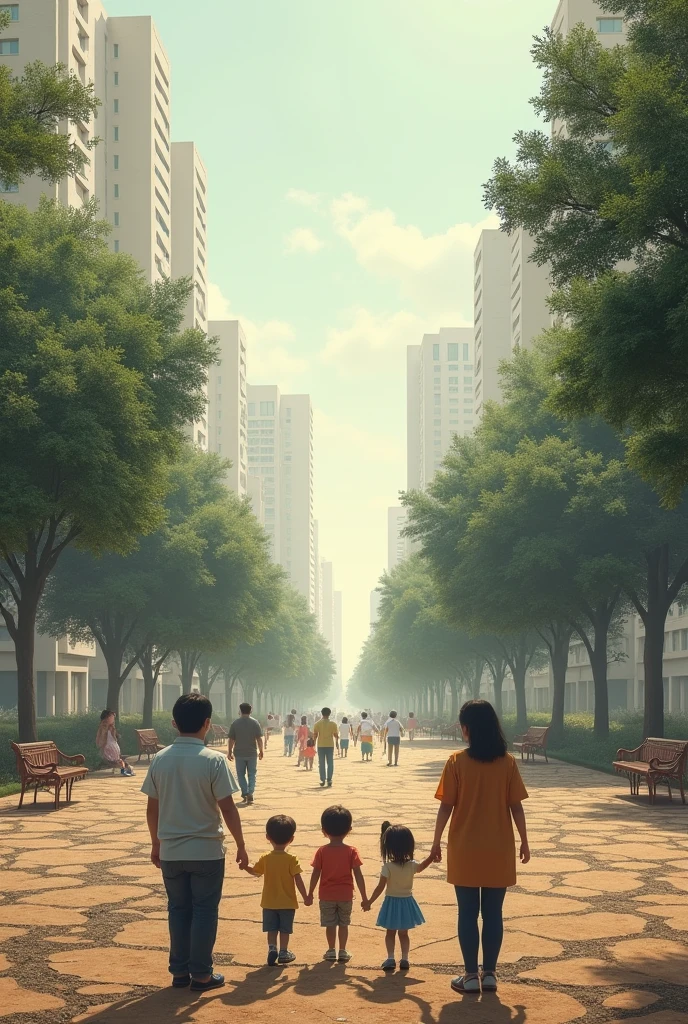 Creates a park that has no trees , flores , benches and animals due to the water shortage, which is why there are people around who are worried, such as adults and children. (A VERY UGLY PARK GENERATES)