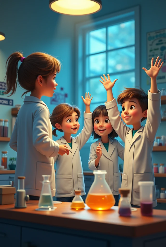 Group of 4 children in a laboratory with a lab coat raising a hand to ask the teacher for help