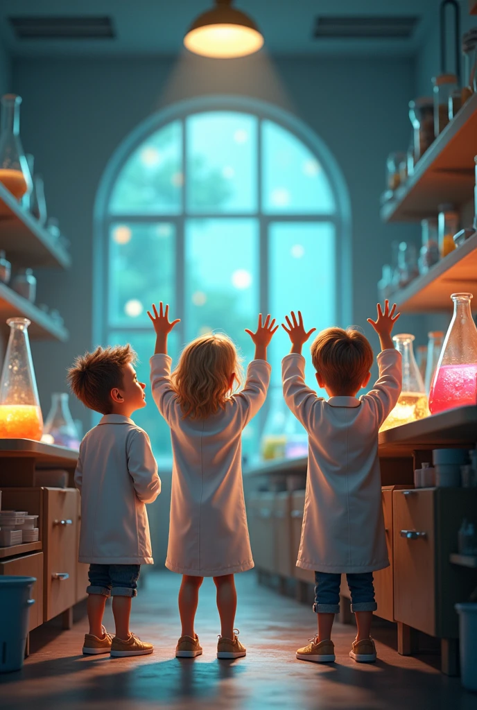 A group of 4 children in a laboratory with lab coats raising their hands to ask the teacher for help