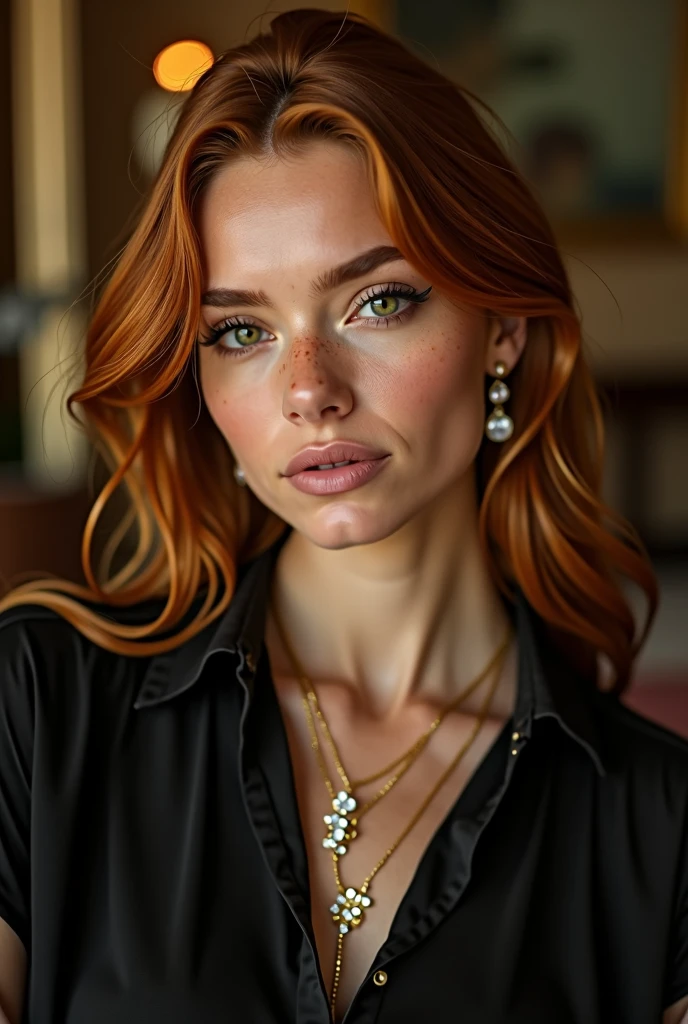 Visage d'une femme de 25 ans. Elle a une peau dorée et bronzée, des cheveux roux longs et lisses, et des yeux verts profonds et perçants, quelques taches de rousseur discrètes. Elle est vêtue d'un chemisier ajusté. Elle est parée de bijoux minimaux mais exquis, tels que des boucles d'oreilles en diamant et un délicat collier en or. L'arrière-plan doit être une suite somptueuse et faiblement éclairée d'un hôtel 5 étoiles, avec une lumière douce qui met en valeur les tons chauds de sa peau et la richesse de sa tenue. L'ambiance générale est celle du mystère et de l'allure, la capturant alors qu'elle regarde l'appareil photo avec confiance, incarnant un mélange de sophistication, d'élégance et de sensualité.