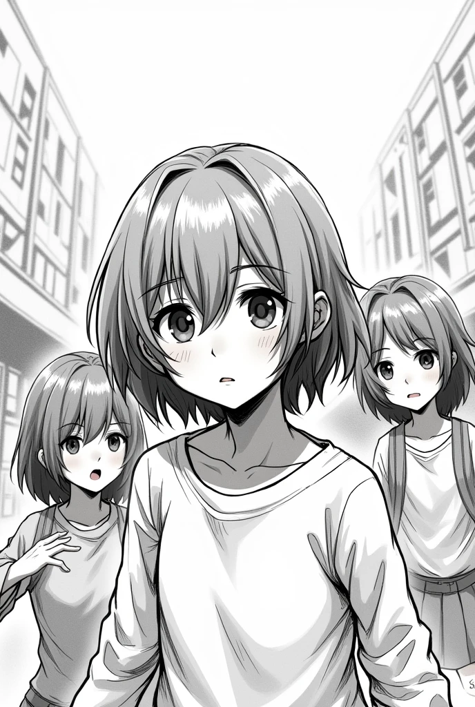 generate a girl, her hair is short and she's wearing long sleeve. but the art style must be black and white and a sketch, like a drawing from a pencil or pen only there's no other color in it. 

Make it a comics. and the prompt now is she's fighting violence ith her friends in school. 

The hair is down on her shoulder. 
