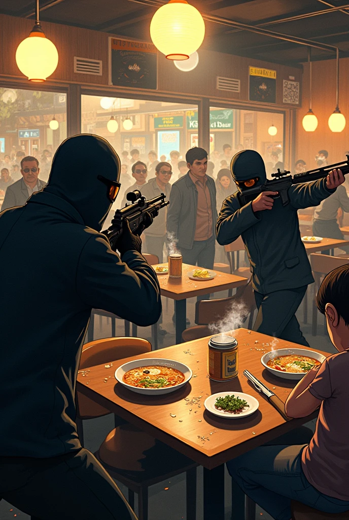Ramen Restaurant, Which Was Crowded But There Were Thieves Shooting In All Directions, Which Created Panic And Chaos 