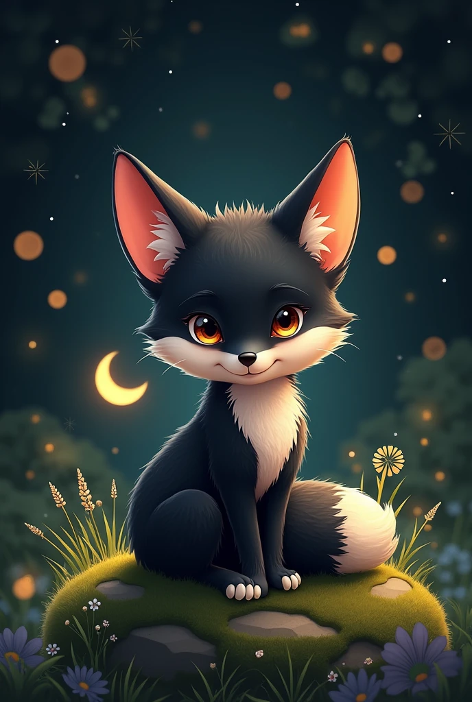 Cute black  fox with White socks,sitting on rock,Green Grass ON groundblack Background with moon,mystical spotlight,cartoon, Steampunk ,bokeh