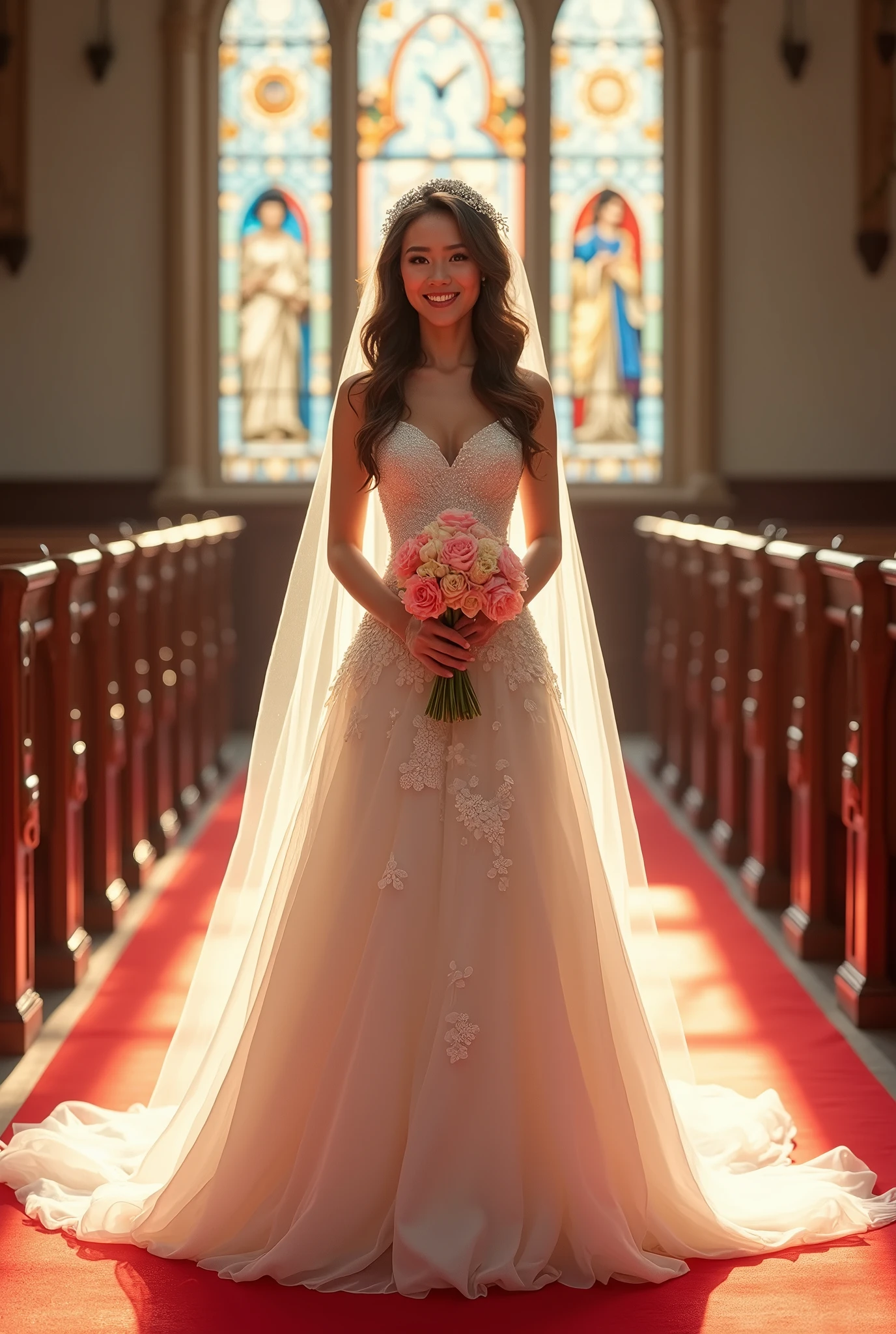 (( masterpiece. real photos. Super high quality))AMY put on her most beautiful.The most gorgeous.The most noble wedding dress.Standing on the red carpet in a church with stained glass.She has a happy smile on her face.She held a large bouquet of bright roses in her hands.And AMY is more beautiful than flowers.