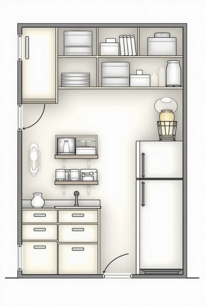 Layout or physical arrangement of the pantry (floorplan),
considering:
•5 shelves;
•1 refrigerator;
•number each shelf.