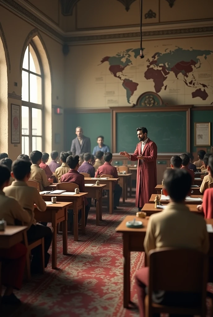 British Education System in India:** A classroom scene with Indian students seated at desks, learning from a British teacher, highlighting the establishment of English-based education systems in Indian schools" 3D images style