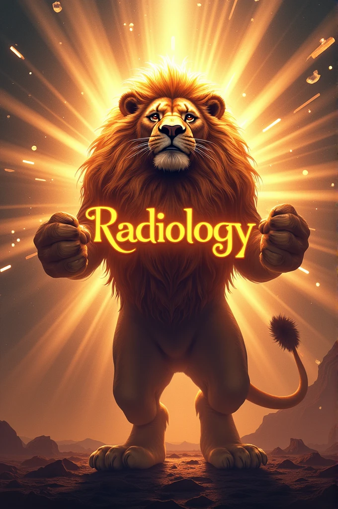 Create an image using a lion, some rays, something very eye-catching, the lion has to be holding the word Radiology, put in the image description written in Portuguese, September 20th at 7pm in front of the Hugo Ramos gym