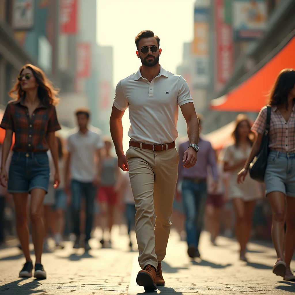Man in white polo t-shirt, beige pants, brown shoes, belt, walking through crowded street, pedestrians crossing in background, composition embracing dynamic urban life, ultra realistic, cinematic.