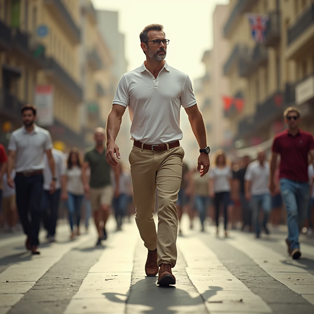 Man in white polo t-shirt, beige pants, brown shoes, belt, walking through crowded street, pedestrians crossing in background, composition embracing dynamic urban life, ultra realistic, cinematic.