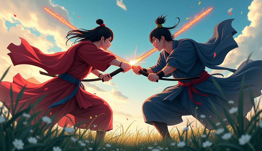 anime,a samurai with a red sword fighting a samurai with a black sword, in a grassy field, anime, epic battle scene, highly detailed, 8k, (best quality,4k,8k,highres,masterpiece:1.2),ultra-detailed,(realistic,photorealistic,photo-realistic:1.37),vivid colors,dramatic lighting,cinematic composition,beautiful scenery,intricate details,intense action,powerful expressions,flowing robes,detailed textures,dynamic poses,stunning visuals