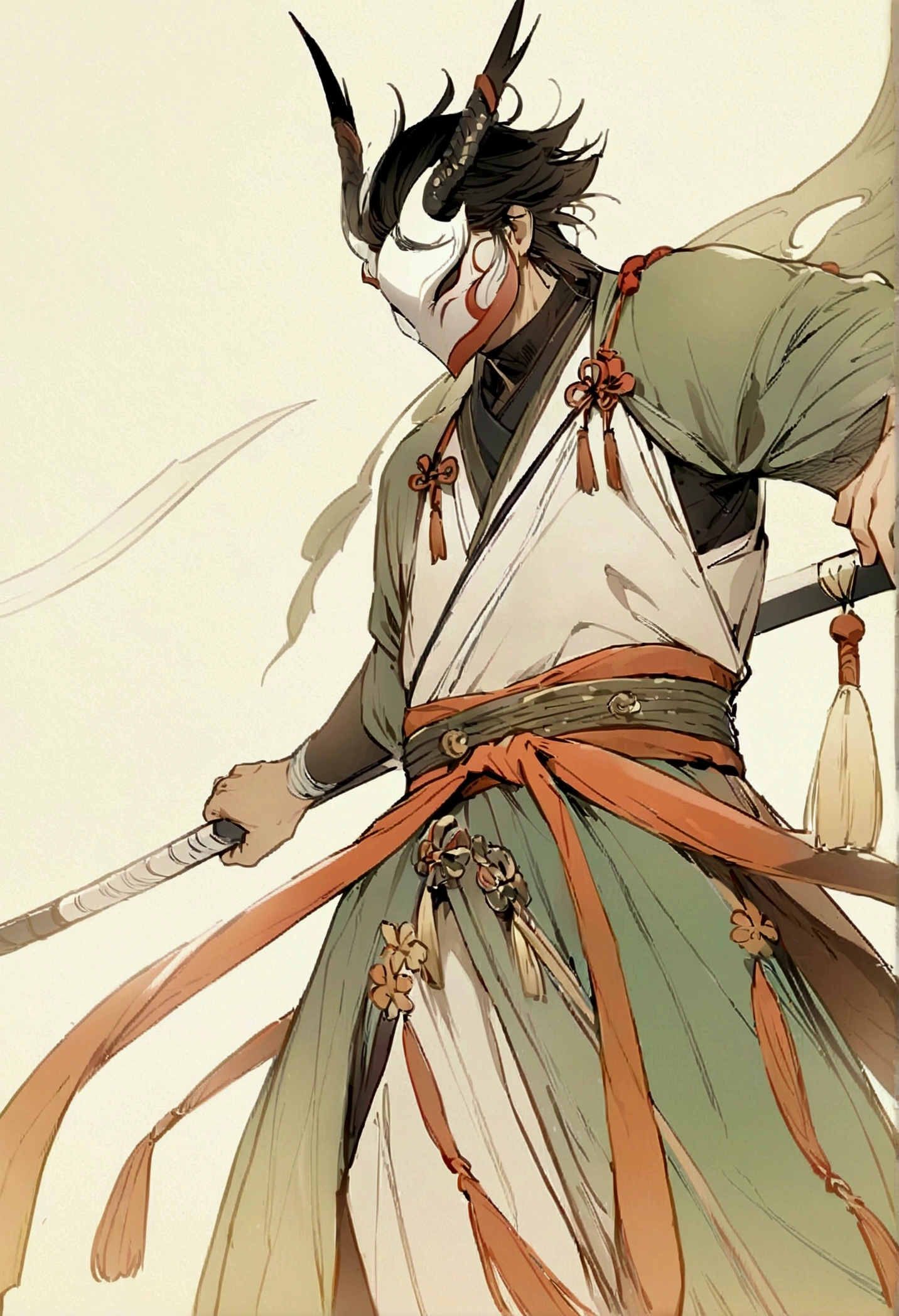 Samurai, with a mask, He holds the spear on his right arm, High Resolution, masterpiece, Illustration, Chinese traditional style