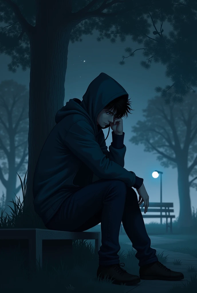17 year old boy 1.60 tall, in a park at night, with a hood, sitting hiding his face