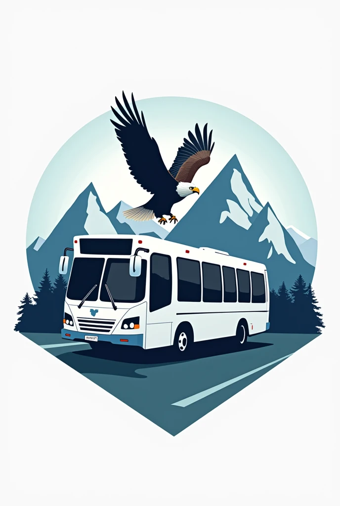 Create a logo with the word Imatrans using an image of pointed mountains , with a white passenger transport bus and an eagle flying over it without a background with a different font
