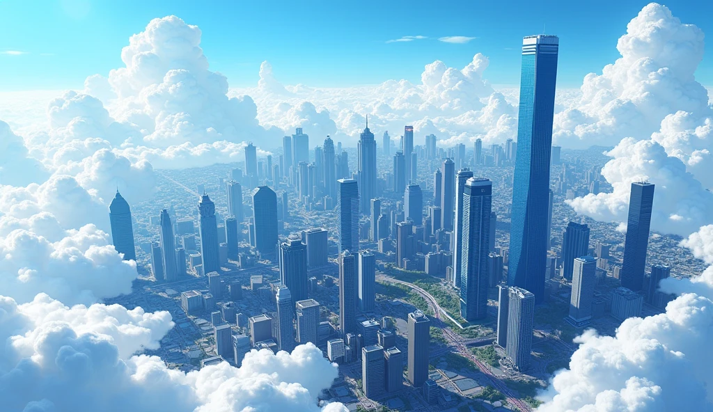 3D anime illustration, A bird's eye view of Jakarta, showing tall buildings towering amidst white clouds. The main buildings are clearly visible, with clouds slowly moving around them.