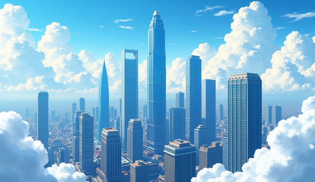 3D anime illustration, A bird's eye view of Jakarta, showing tall buildings towering amidst white clouds. The main buildings are clearly visible, with clouds slowly moving around them.