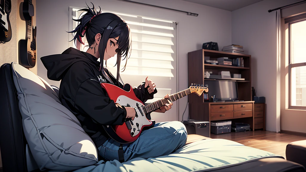 Image of a anime style playing an electric guitar sitting on a chair, profile position, in her room, punk style clothes, youthful wide pants