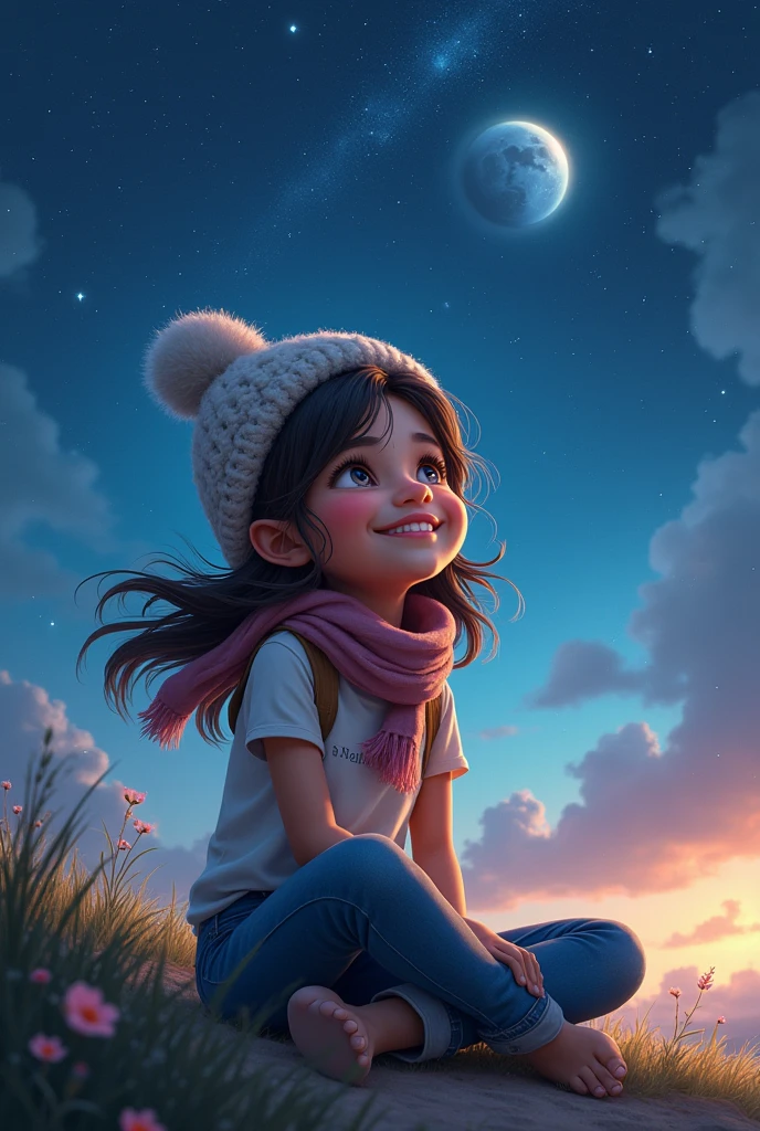 best quality, high resolution, distinct image, concept art, night sky, stars, moon, girl, smile, hair, eyes, mouth, hands, feet, clothing, jeans, t-shirt, scarf, hat, space, spaceship, spacesuit, astronaut, planet, galaxy, beautiful, cute, cozy, natural, dreamy, relaxed, sparkling, lovely