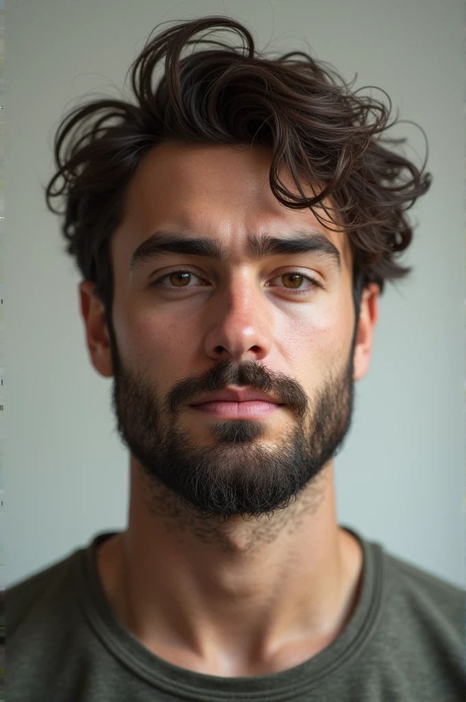 Create a realistic image of a young man, common in appearance and apparently without any particular physical attributes that make him stand out, only with a not so predominant beard