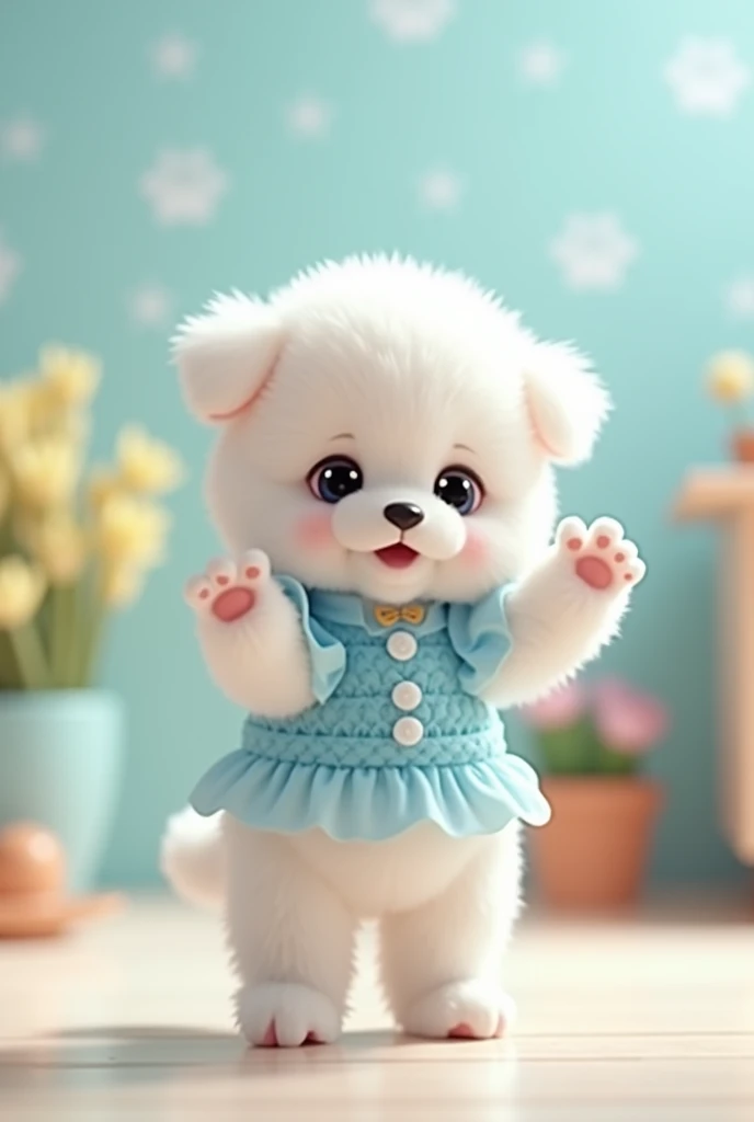 A small puppy dog standing on its hind legs,The cutest white puppy I know,The most adorable looking thing I've ever seen!!!,
Cute Background,He dances,
She is wearing a light blue, frilly outfit that looks like a cute idol uniform..