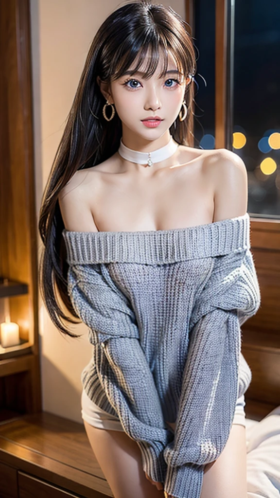 ((Off-the-shoulder sweater with a wide opening))Extraordinary sexy beauty、beautiful, calm and bright look、Sexy and refreshing look、完璧なbeautifulcute顔、Very bright, Bright Blue Eyes、Short Ponytail、Long bangs between the eyes、Long grey straight hair、beautiful facial hair、とてもcute、beautifully、Sexy young tiny woman、非常に完璧なbeautifulcute顔、beautiful clear cute eyes、Real女性、cute,((Small breasts))、(((Long white hair)))、(())、） And a very slim figure,,,,,、Very thin leganicules、Earrings、Pink Lip、choker、Real、Sexual、Highest quality、Detailed face、Detailed Background、Depth of written boundary、whole body viewing angle、Sexual、alone、night,Highest quality、High resolution、超High resolution（Real：1.4）Detailed eyes、Gradation、Perfect anatomical figure、Woman with perfect body、Highly detailed skin、非常にDetailed face、細部までbeautiful目、Background blur、