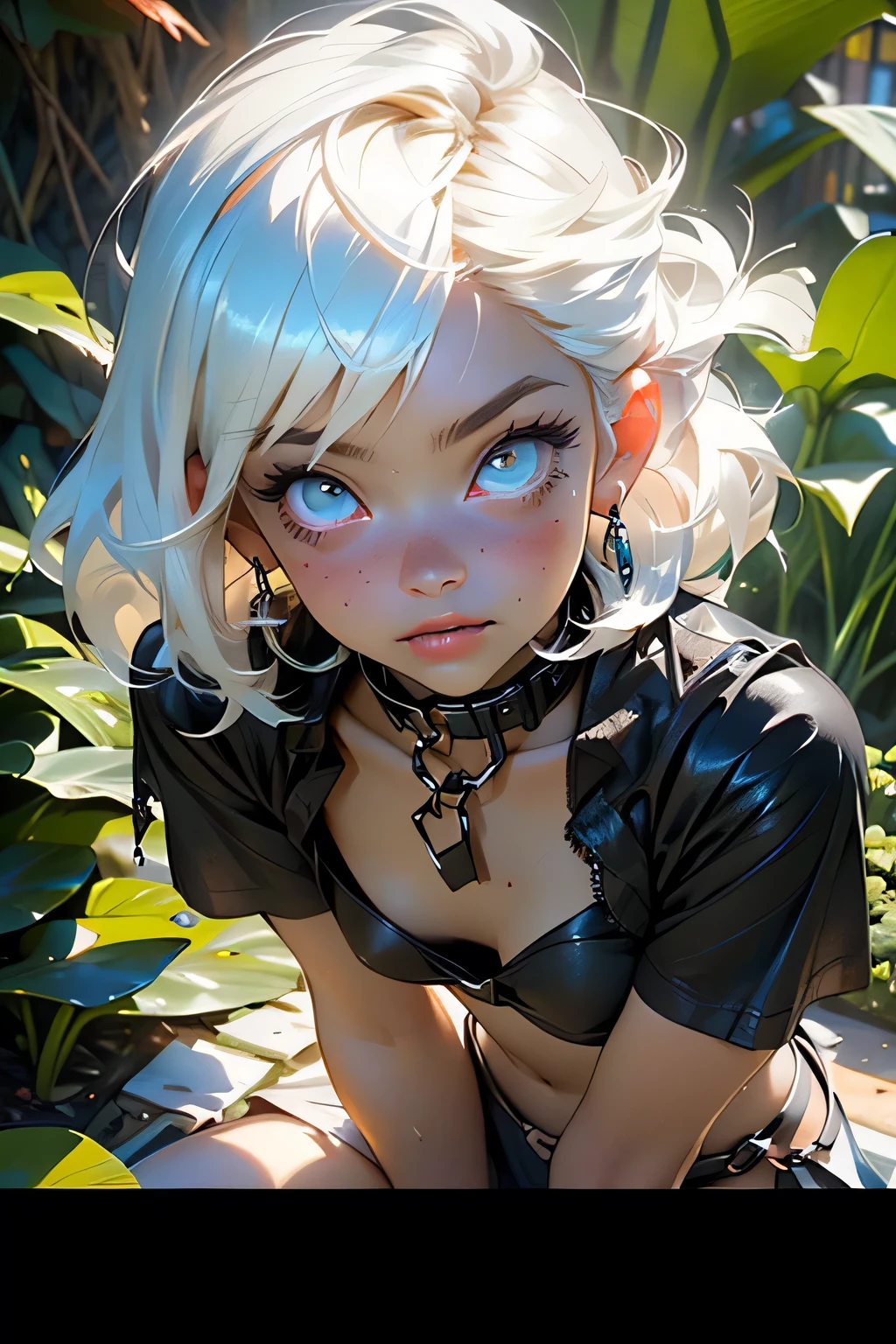 small tribal,(((small ,little tiny body,,chibi))),((())),
(((flat chest))),(((long White hair,White hair,dyed inner hair))),((eyes aqua_eyes:1.3))),difficult eyes,beautiful detailed eyes,symmetrical eyes,big eyes:1.5,(((black skin,black_female,dark skin,Shiny skin:1.5,tanned skin,bright skin: 1.5,tanned skin,Shiny skin,very Shiny skin,shiny body)))(((detailed face))),beautiful detailed lips,
((Cute,promiscuous,Erotic,(nsfv))),
(Revealing clothing,show skin),((lower chest)),(barefoot,),(((edge,edge collar,Long chain leash, attached to a collar.,shackles,loincloth,torn clothes))),((wet clothes,difficult outfit)),
dynamic and seductive pose,I look at the viewer,embarrassed,centered,scale to size,Rule of thirds,
on open air,overgrown,(overgrown background,luminous crystals,bioluminescent plant),landscape,extremely landscape,(((luminous crystals,bioluminescent plants))),(Puddles are everywhere,month,month on the background),clouds,water lilies,palms,already,(sunset, golden hour),
(Glossy Egyptian ornaments),a high resolution,Sharp Focus,(Ultra detailed,extremely detailed),(фотореалистичная edgeота:1.37),(extremely detailed CG unity 8k wallpaper),(((bright colors,bright theme))),(difficult),(masterpiece),(Best quality),art photography,(photo taken by sldr),(difficult background),perfectly drawn face,perfect facial details,realistic face,photo realistic,((difficult detail)),(((Realism))),