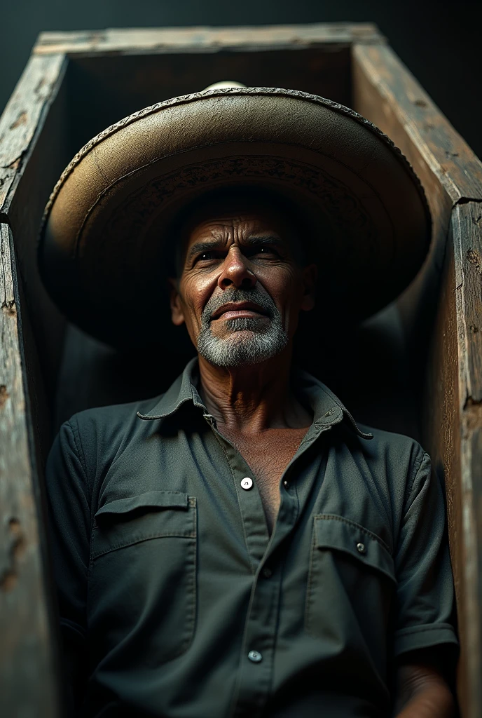 Man with arrogant and evil look, tall, skinny, wearing a Mexican hat, 30 years old, buried in a coffin
